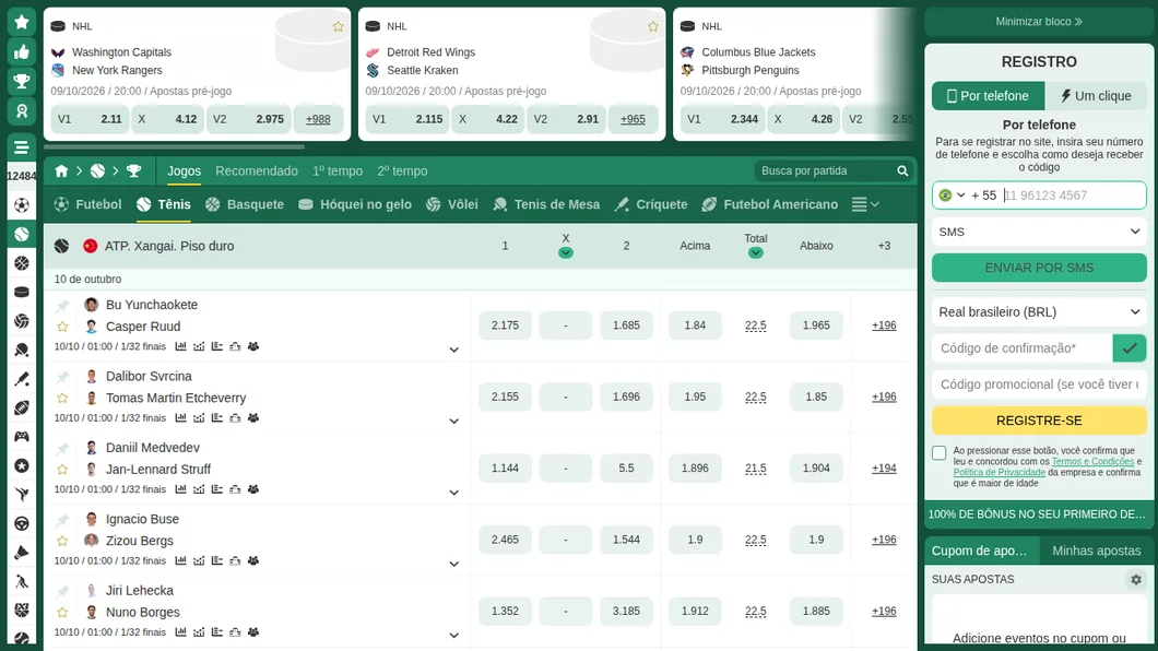 Lista de apostas em tênis da BetWinner com Xangai, Pequim e os Challengers da semana