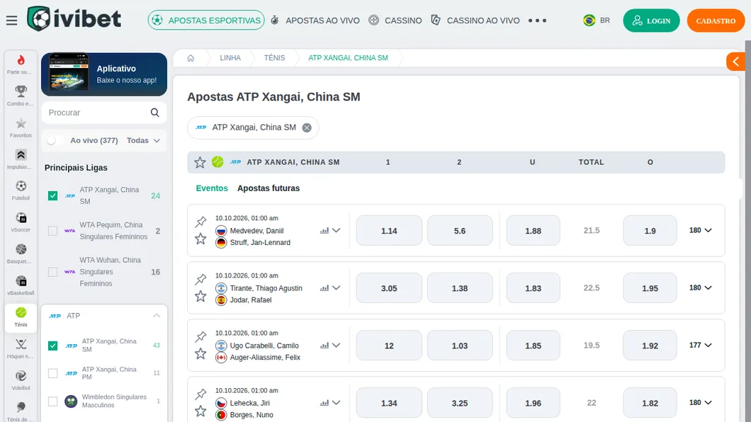 Página de tênis da Ivibet com o quadro de simples do ATP de Xangai e os mercados de games