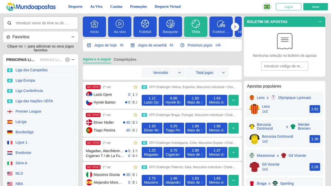 Sportsbook da MundoApostas com os jogos de tênis do dia e o ATP de Xangai em destaque
