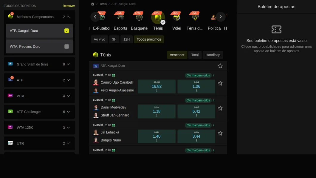 Página de tênis da Parimatch com os jogos do ATP de Xangai e as odds com margem zero em destaque