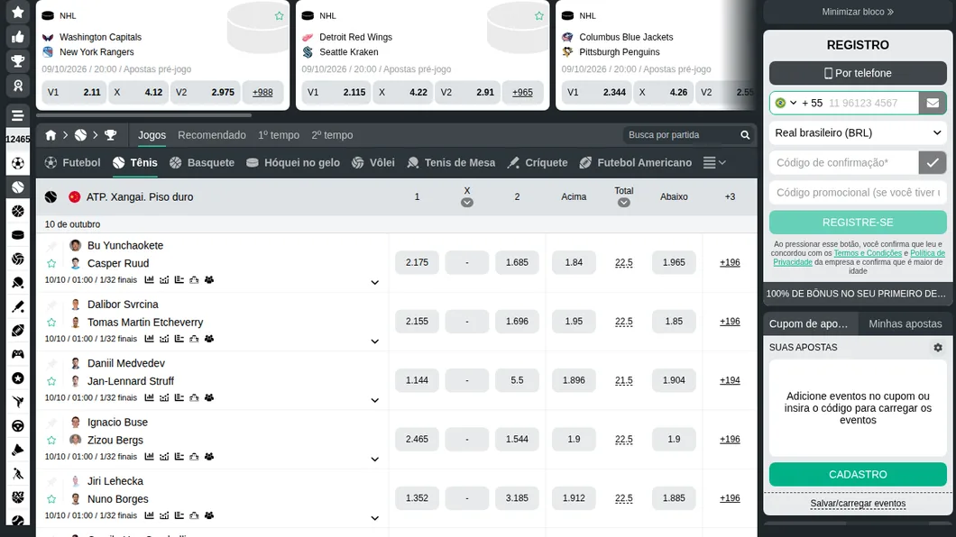Página de tênis da Planbet com o ATP de Xangai, os Challengers e o contador de apostas por jogo