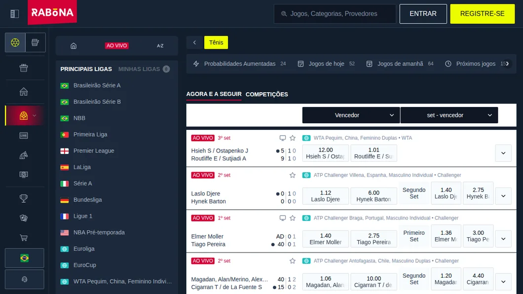 Apostas em tênis na Rabona com os torneios ATP, WTA e Challenger e o selo de Bet Builder nos jogos