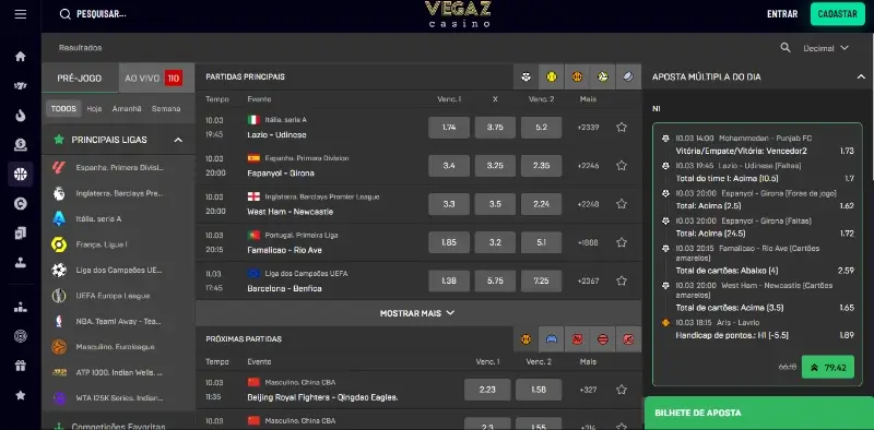 Página de apostas desportivas do Vegaz Casino