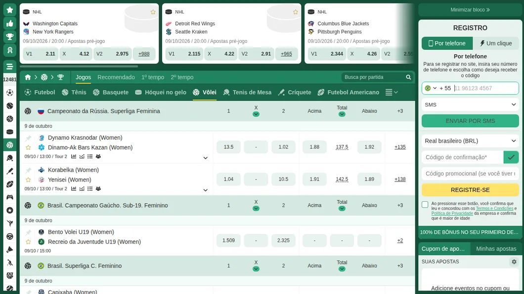 Seção de vôlei da BetWinner com a Superliga feminina da Rússia — Dynamo Krasnodar x Dinamo-Ak Bars Kazan, Korabelka x Yenisei com total de 137,5 e 142,5 pontos —, o Gaúcho Sub-19 feminino e a Superliga C feminina