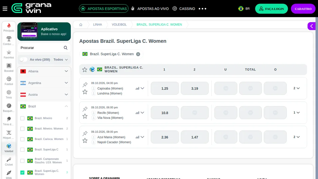 Página da Superliga C feminina na Granawin com Capixaba x Londrina (1.25 e 3.19), Recife x Vila Nova e Azul Mania x Napoli Cacador, e a árvore do Brasil com Mineiro, Carioca feminino e Gaúcho Sub-19