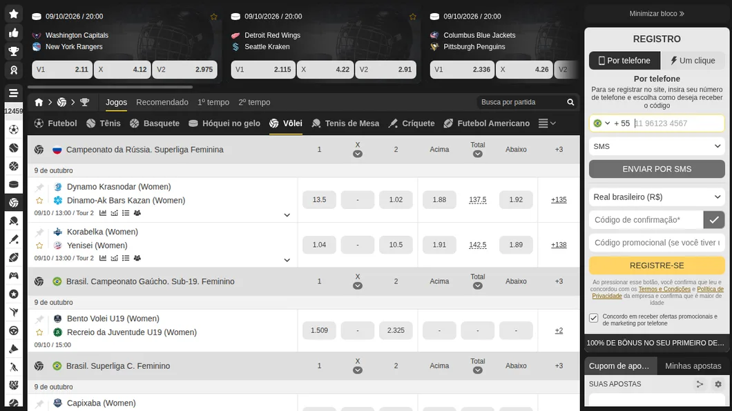 Página de vôlei da MelBet com a Superliga feminina da Rússia, o Gaúcho Sub-19 feminino e a Superliga C feminina, com odds de vencedor e total de pontos e o cupom de apostas ao lado