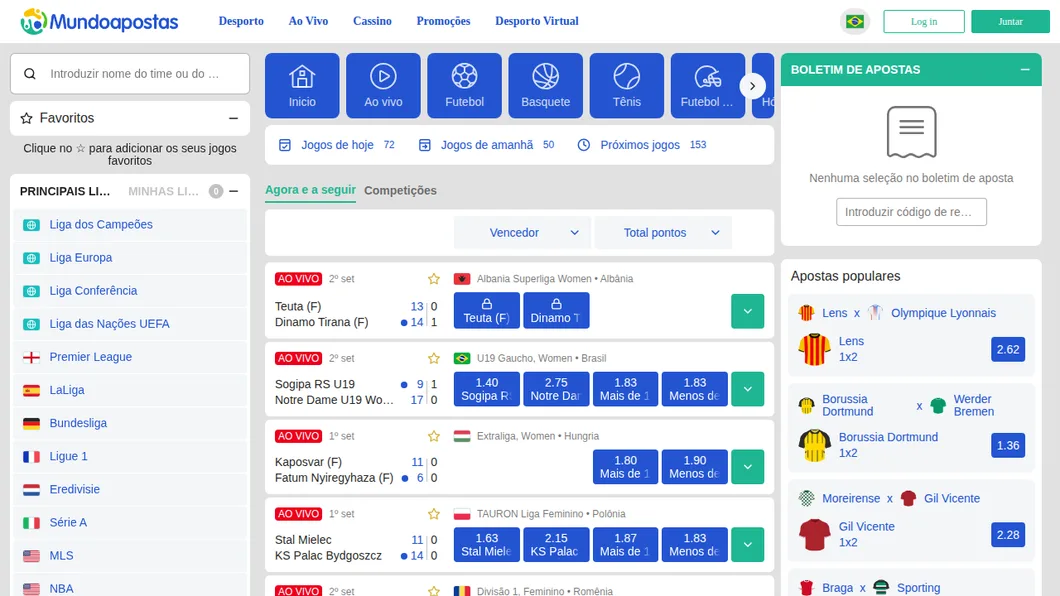 Página de vôlei da MundoApostas com os filtros Jogos de hoje (72), Jogos de amanhã (50) e Próximos jogos (153), e o ao vivo com a Superliga feminina da Albânia e o Gaúcho Sub-19 feminino no 2º set