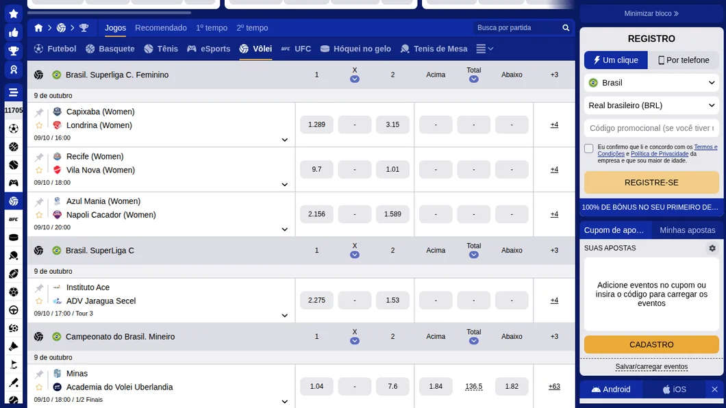 Lista de vôlei da SapphireBet com a Superliga C feminina — Capixaba x Londrina, Recife x Vila Nova, Azul Mania x Napoli Cacador —, a Superliga C masculina e o Mineiro, com o formulário de registro em reais ao lado
