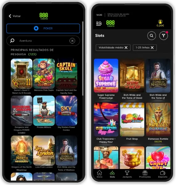 Motor de busca e filtros de pesquisa na aplicação do 888 Casino