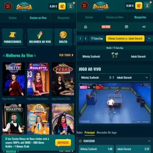 Spinanga App ao vivo