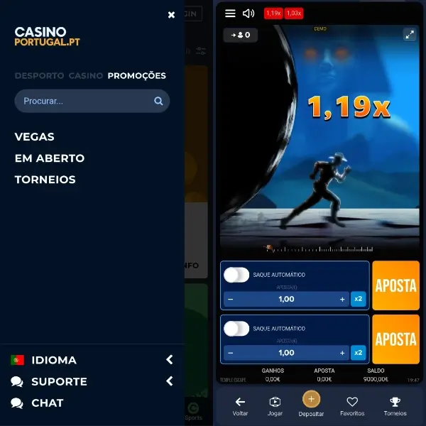 Menu e jogo crash no Casino Portugal App