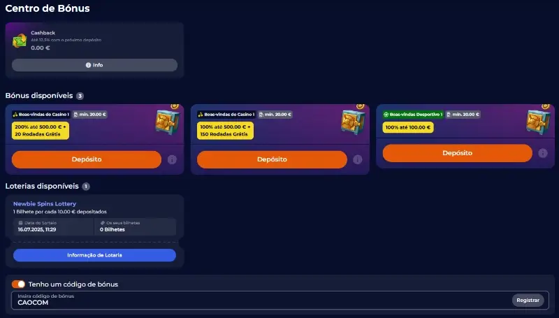 Ativar o código promocional da Nine Casino no centro de bónus