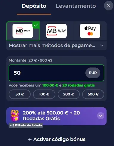 Ativar o código promocional do Nine Casino durante o depósito