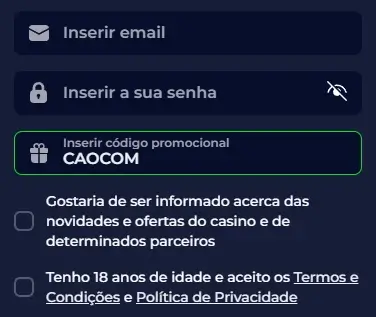 Ativar o código promocional do Nine Casino durante o registo