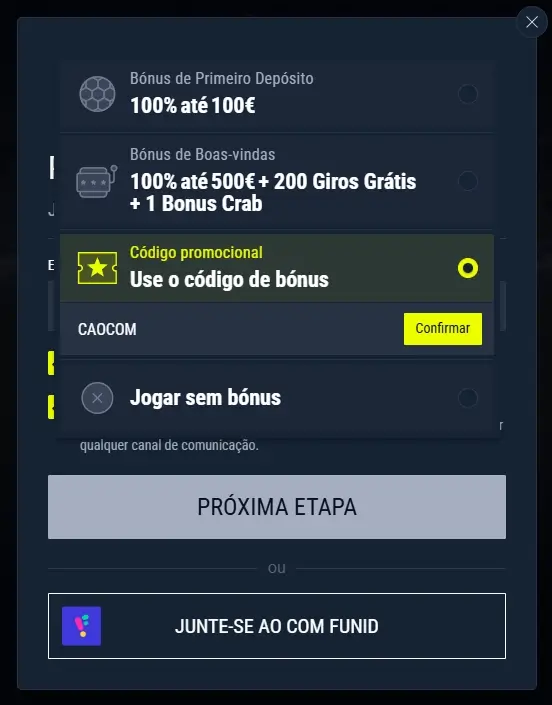 Ativar o código promocional da Rabona