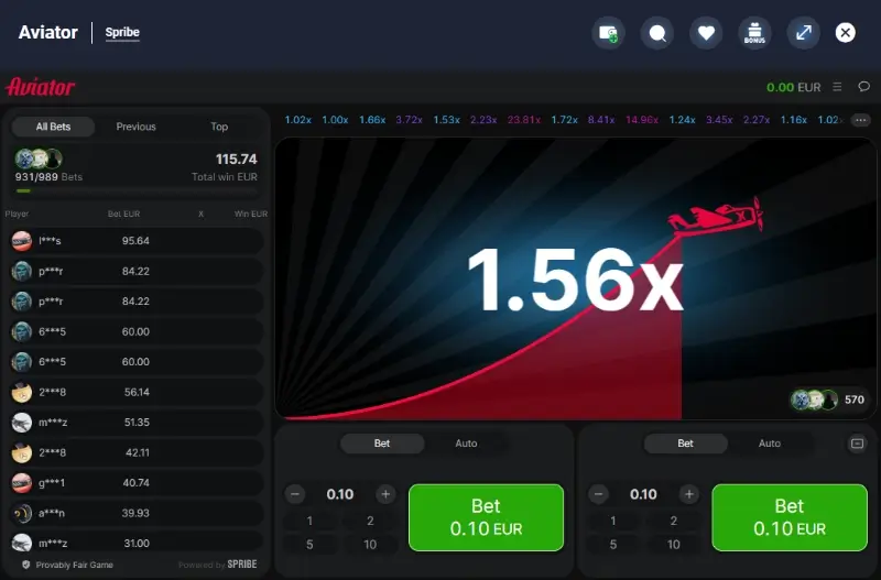 Jogo crash Aviator no casino da AzurSlot