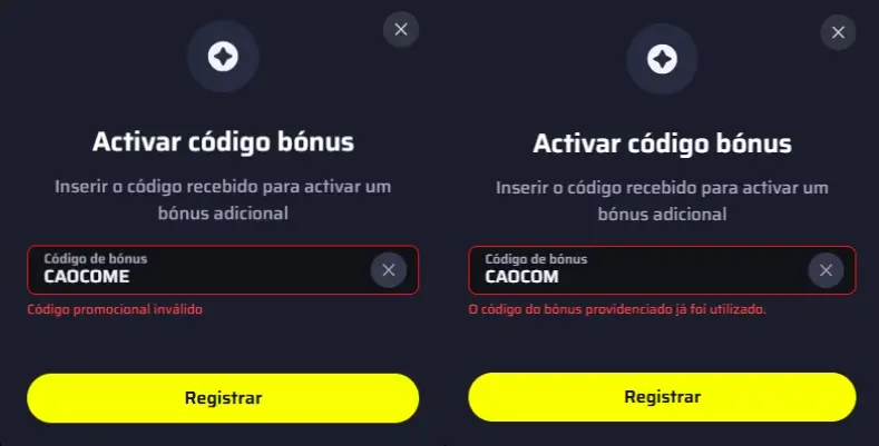 Exemplo de código promocional inválido e código certo na BDMBet