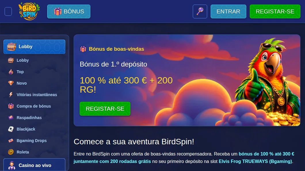 Bónus de primeiro depósito da BirdSpin: 100% até 300 € e 200 rodadas grátis com o código SKYWARD