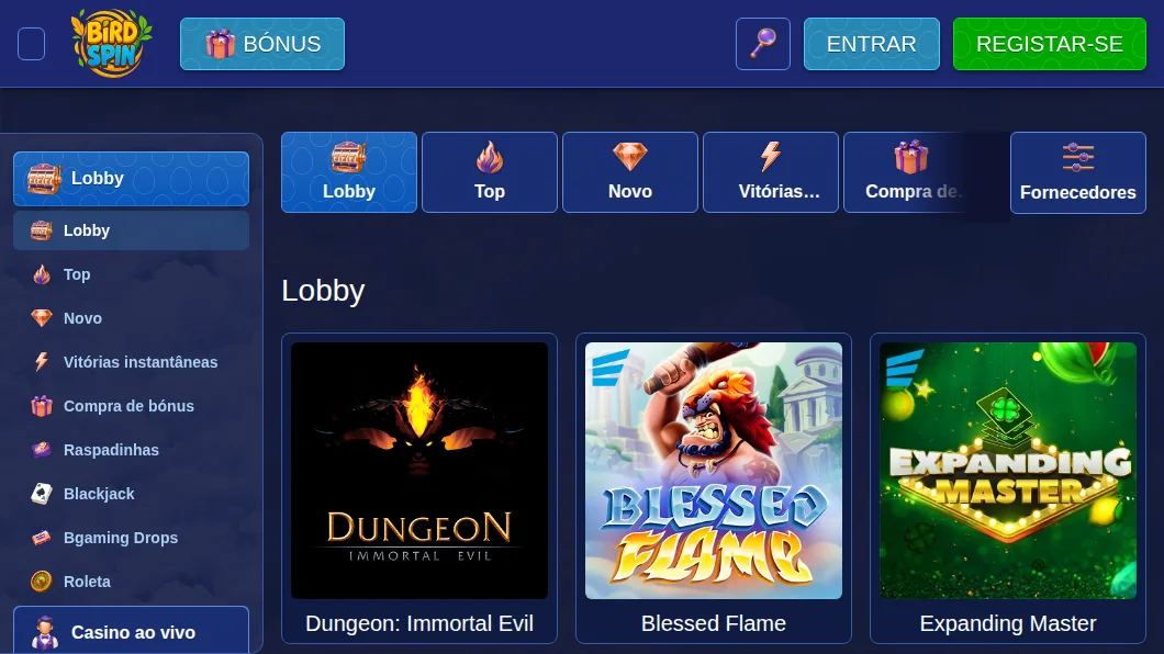 Lobby de slots da BirdSpin com as categorias Top, Novo, Compra de bónus e Casino ao vivo