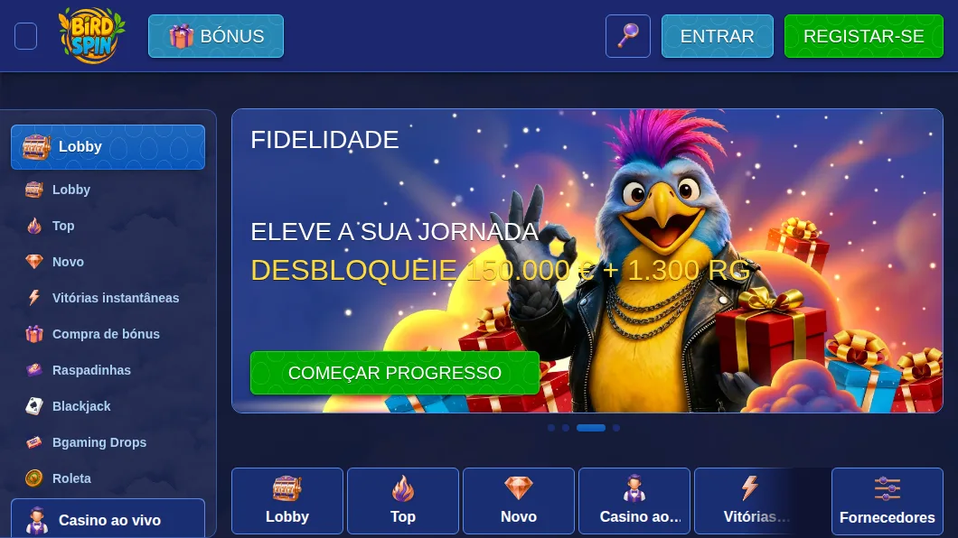 Página inicial da BirdSpin vista de Portugal, com o pacote de boas-vindas em euros