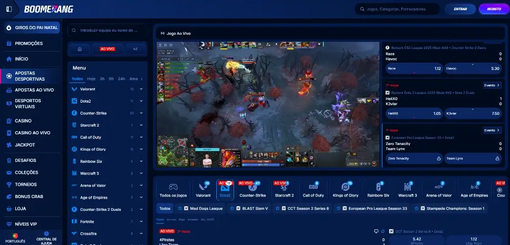 Página de apostas em Dota 2 na Boomerang Bet