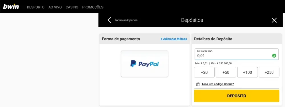 Pagamentos com paypal na Bwin