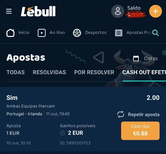 Cashout na aplicação da Lebull