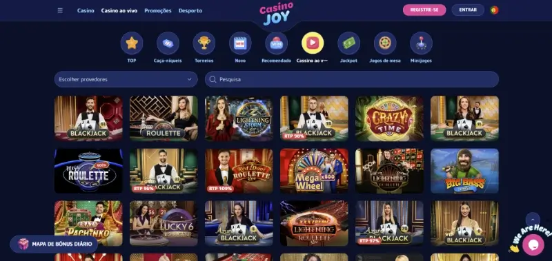 Página de casino ao vivo do CasinoJoy