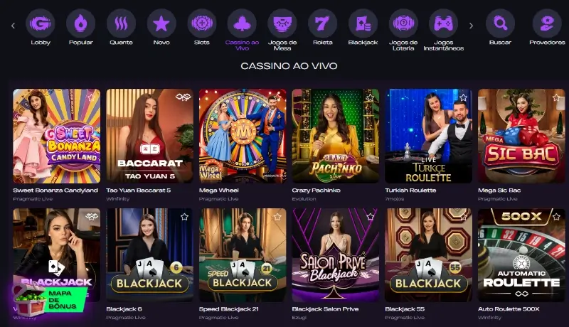 Página de casino ao vivo no Glitch Spin Casino