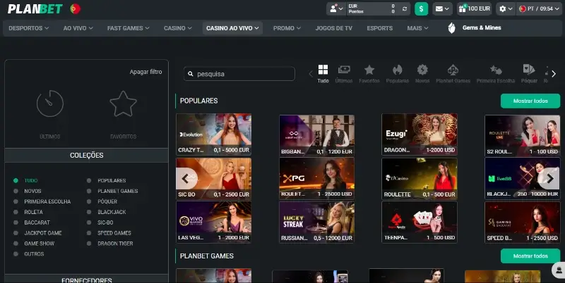 Página de casino ao vivo do Planbet casino