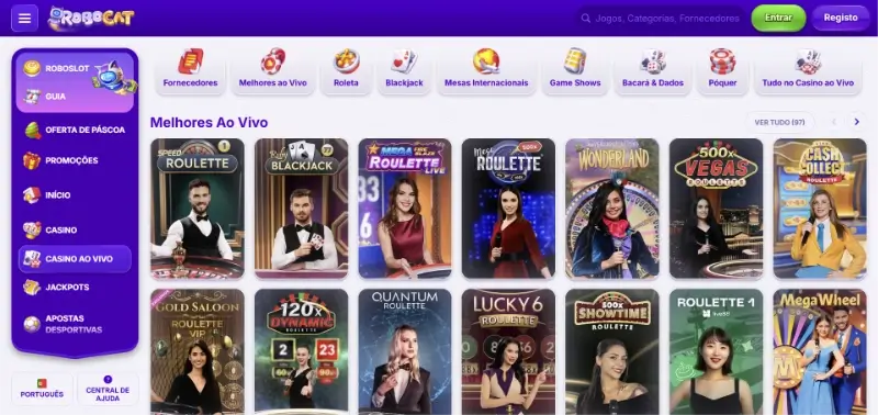 Página de casino ao vivo no Robocat