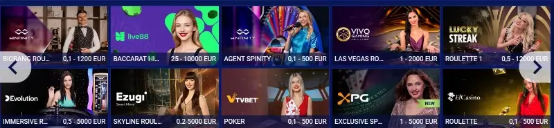 Página de casino ao vivo no SapphireBet Casino