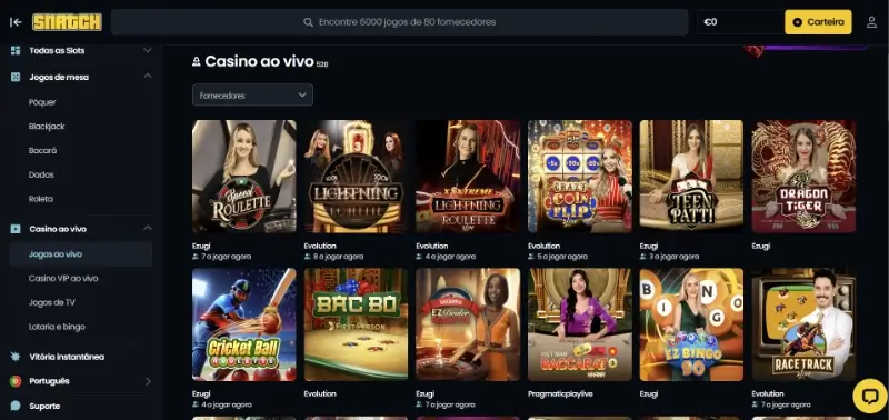 Página de casino ao vivo no Snatch Casino