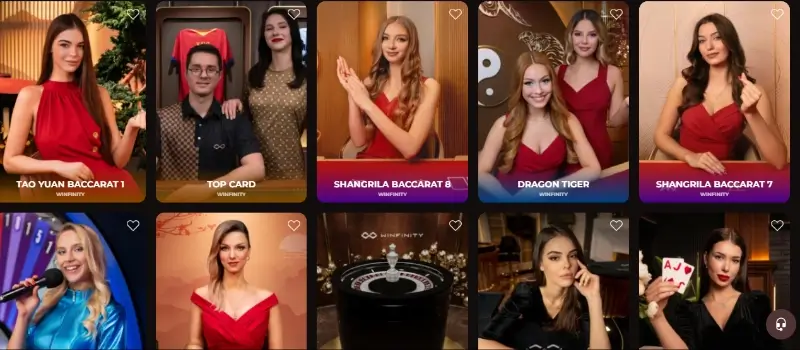 Página de casino ao vivo no Vinci Spin