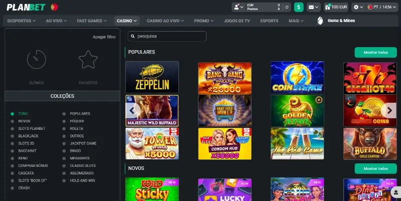 Página de jogos de casino no Planbet casino