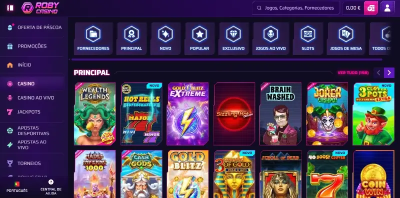Página de casino no Roby Casino