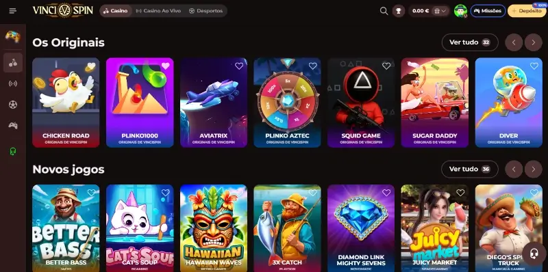 Página de casino na Vinci Spin