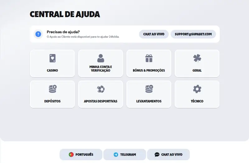 Página com a central de ajuda da Supabet