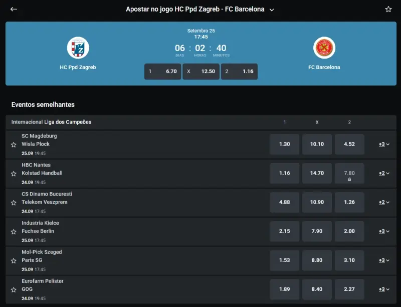 Odds para os jogos do EHF champios league de andebol