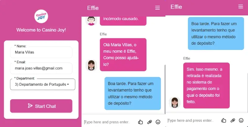 Chat ao vivo do apoio ao cliente do Casino Joy