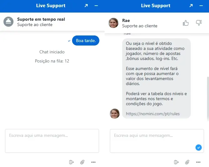 Resposta do chat ao vivo na Nomini
