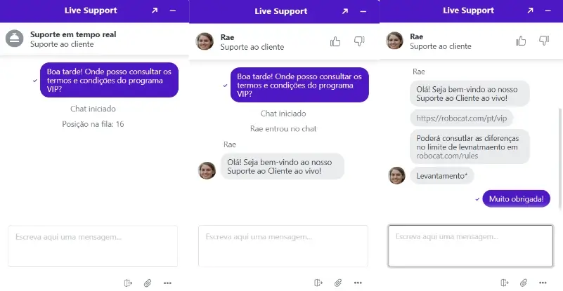 Chat ao vivo do apoio ao cliente do Robocat