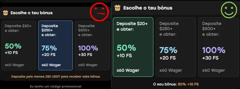 Depósito incorreecto e válido com código promocional da Fairspin