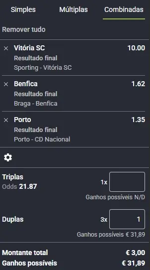 Apostas combinada com jogos da primeira liga na calculadora do placard