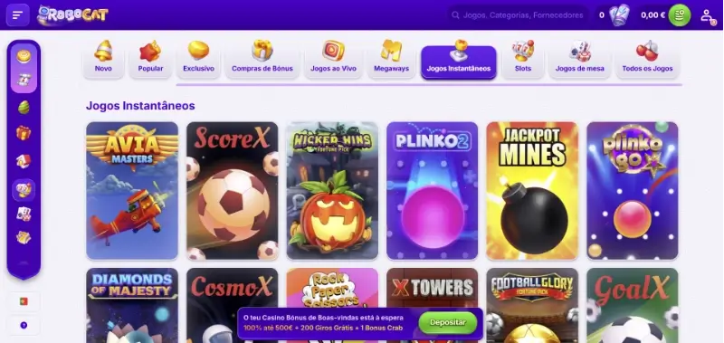 Página de jogos crash no Robocat Casino