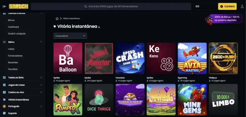 Página de jogos crash no Snatch Casino