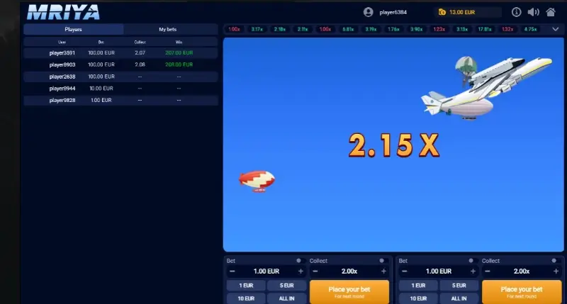 Jogo crash MRIYA no casino da Jettbet