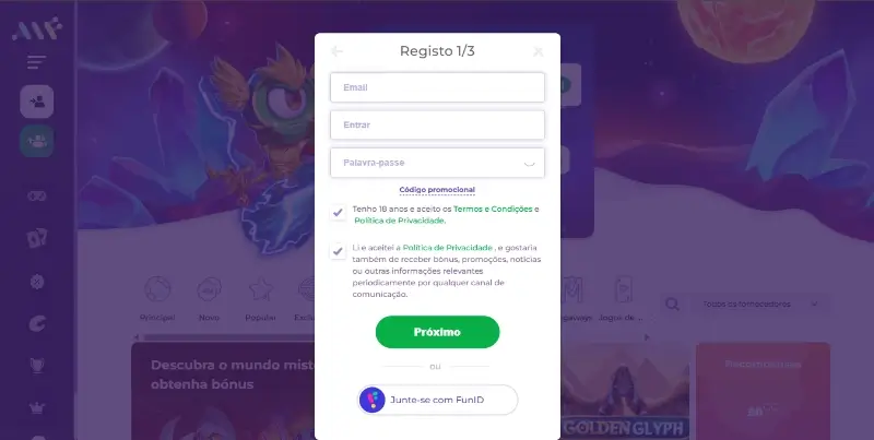 Formulário de registo do Alf Casino