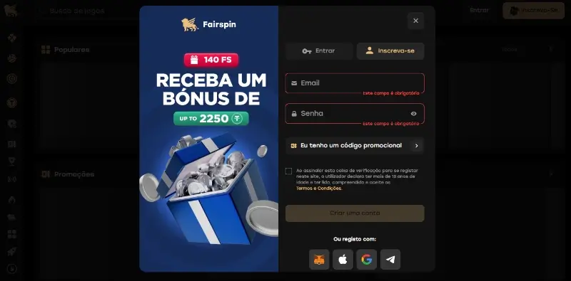 Inicio do processo de registo da Fairspin