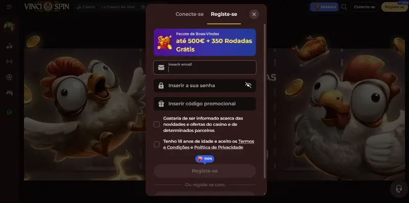 Formuçário de registo com código promocional na Vinci Spin